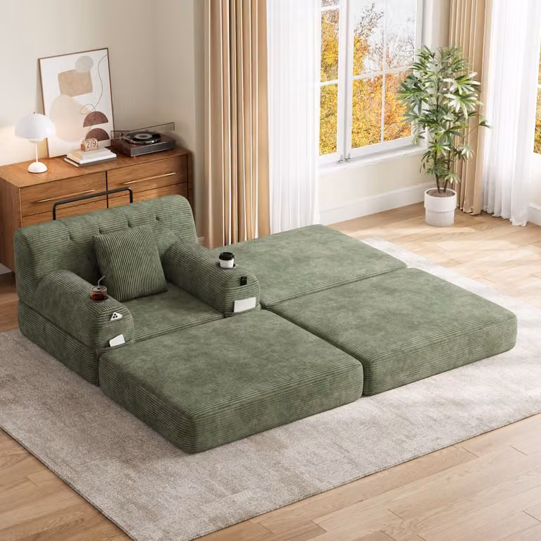 Wishdor Fauteuil - 1-zits slaapfauteuil met hoge rugleuning en bekerhouders - Groen cordstof - B/D/H: 191 x 162 x 81 cm