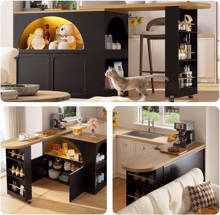 Clruro Bartafel - Uitschuifbaar met LED en Gebogen Deurdesign - Zwart - B/D/H: 135-205 x 39 x 100 cm