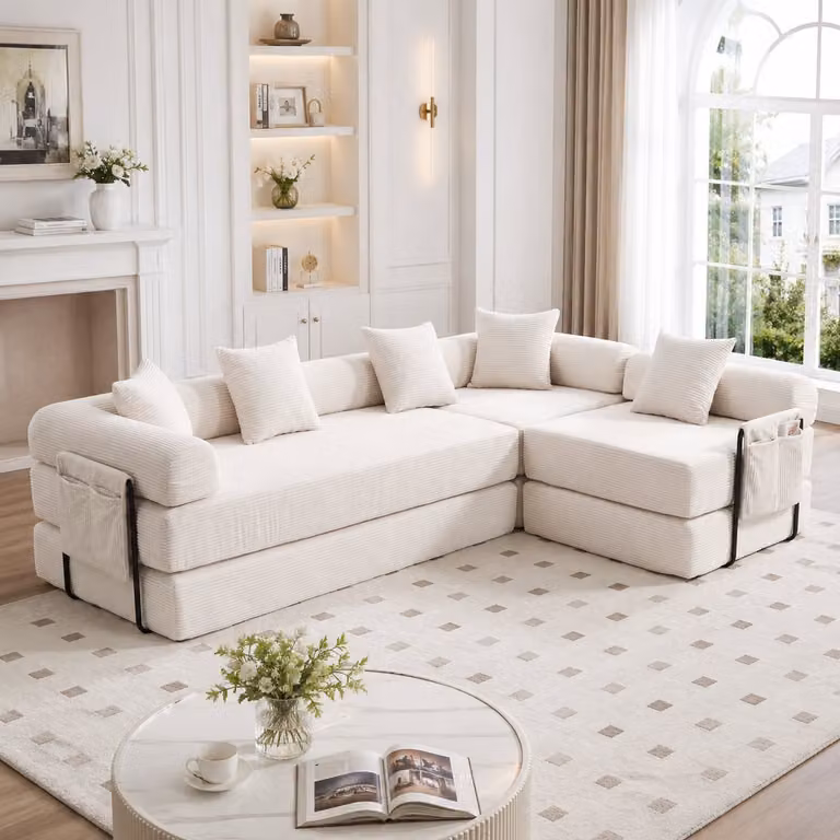 Modulaire 4 Zits Corduroy Hoekbank met Opbergruimte en Slaapfunctie - Beige