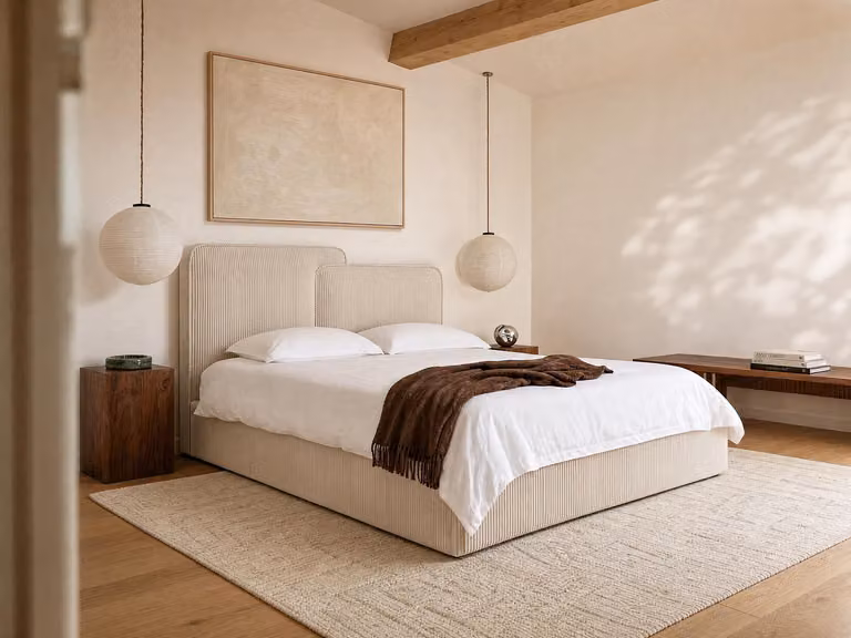 NAYOLA Bed met opbergruimte en ribfluwelen bekleding - Beige - 160 x 200 cm
