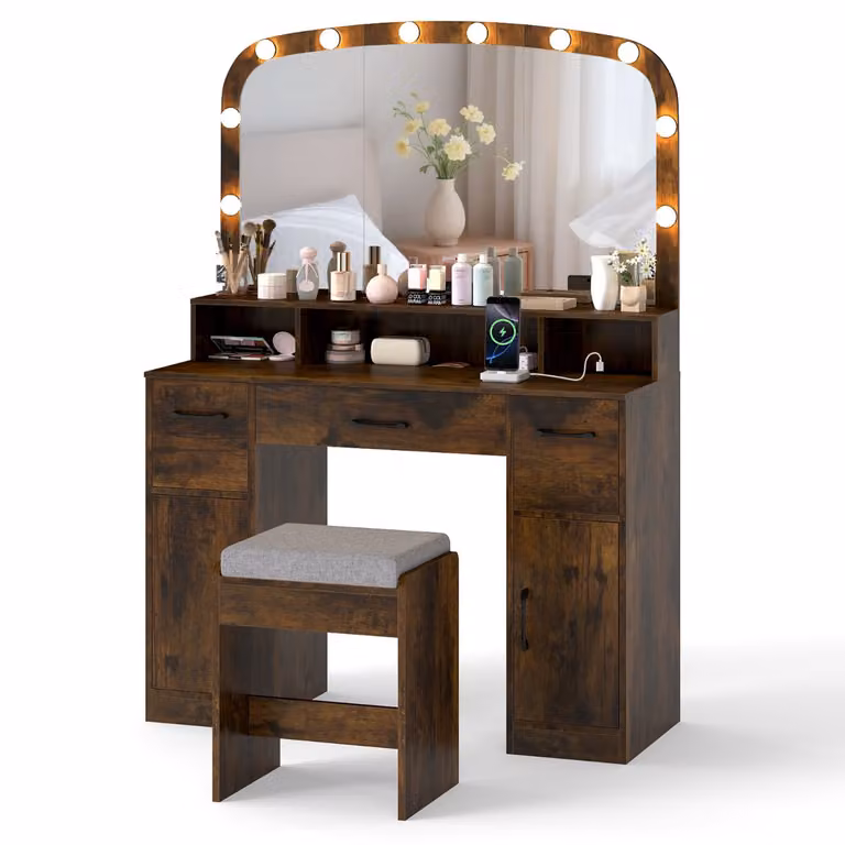 Costway Make-up Tafel met Kruk, LED-spiegel met 3 Lichtkleuren en Oplaadstation, Bruin