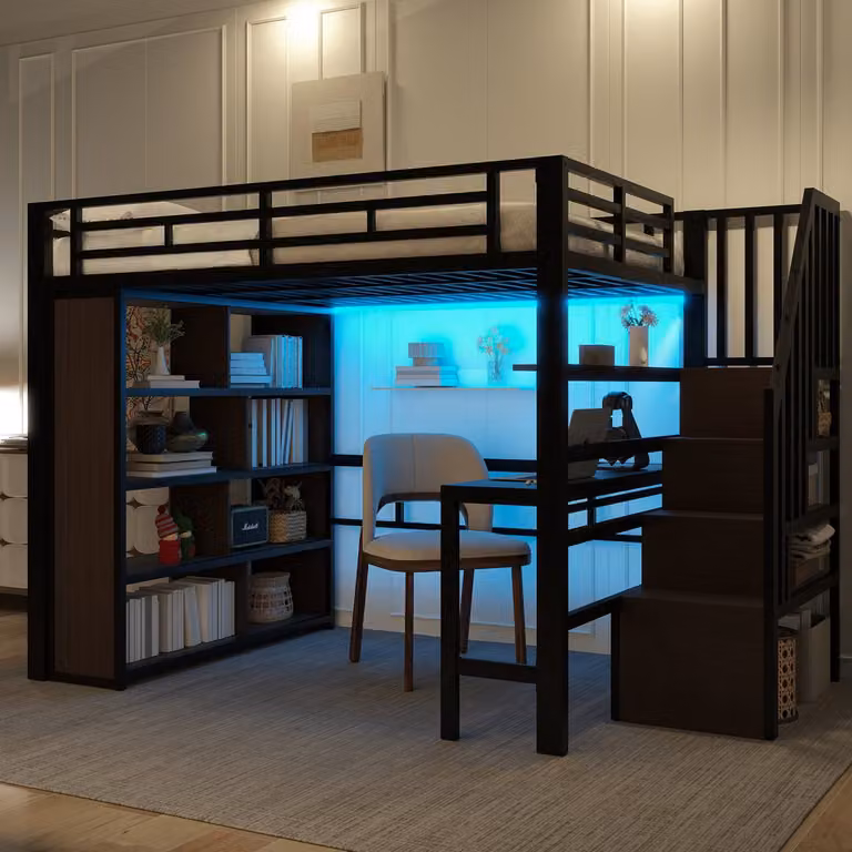 VVBV Hoogslaper met Bureau, Opbergtrap en LED-verlichting, Zwart Metaal, 140 x 200 cm