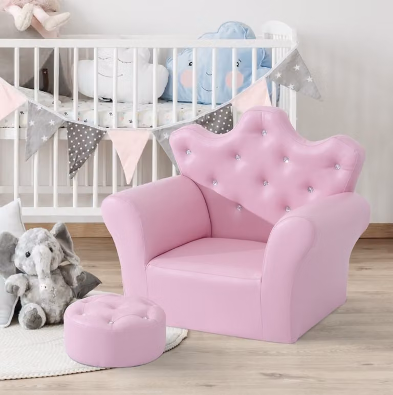 REDOM Kindersofa met ottomaan in roze, klassieke stijl met gecapitonneerde afwerking, B/D/H: 58 x 40,5 x 49 cm