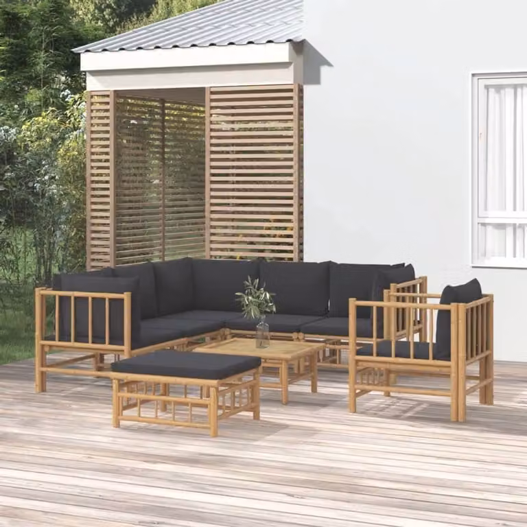 8-delige bamboe tuin lounge set met donkergrijze kussens, modulaire bank met armleuningen en tafel voor buiten