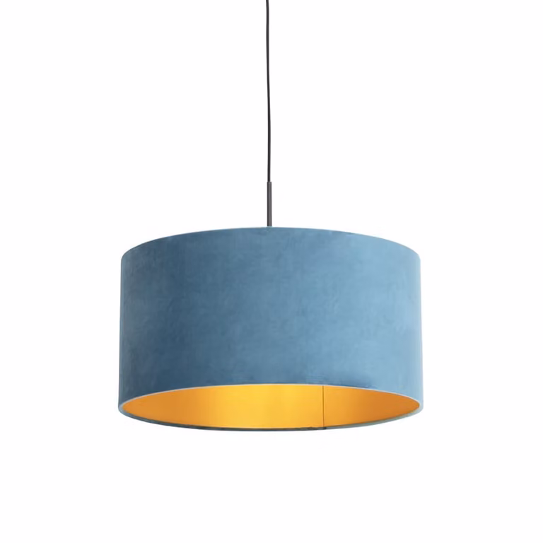 Qazqa Hanglamp met blauwe velours kap en gouden details, Diameter: 50 cm