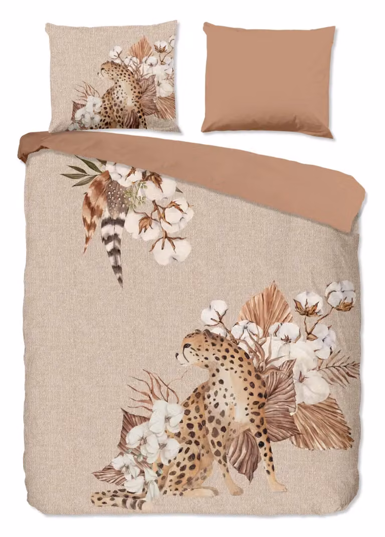 Good Morning Dekbedovertrek Tijger en Bloemen - Zand - 200 x 220 cm - Katoen Flanel