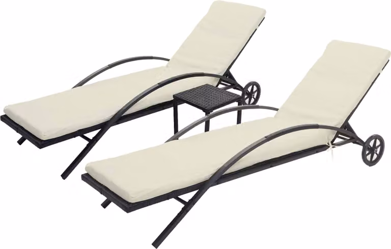 Mendler Set van 2 ligbedden HWC-E27 zwart polyrotan met crème-beige kussens