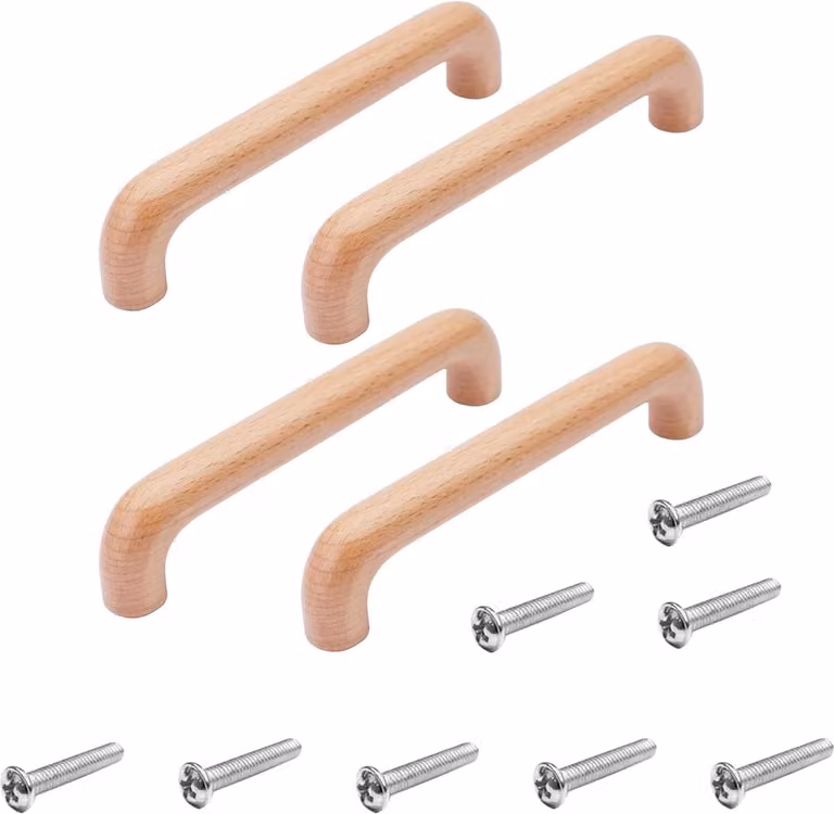 Set van 4 houten meubelgrepen voor het vernieuwen van kasten, gatafstand 128 mm, natuurlijk hout