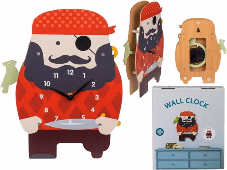 Houten wandklok met piratenthema voor kinderen, 21 x 29 cm