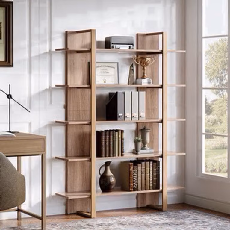 Retro Bruine Boekenkast met 5 Laags MDF en Metalen Frame – Ruime Opbergkast en Roomdivider – Hoogte: 180 cm