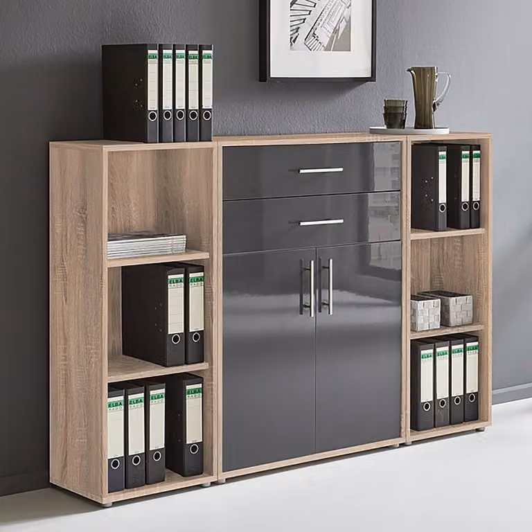 home24 Kastenset 3-delig set A, Bruin/Sonoma eikenhout en Antraciet hoogglans, B/D/H: 114 x 33 x 85 cm