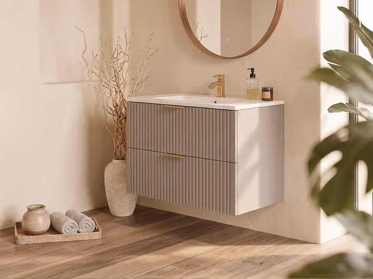 ZEVARA Geribbeld hangmeubel voor badkamer met inbouwwastafel - Beige - 80 cm