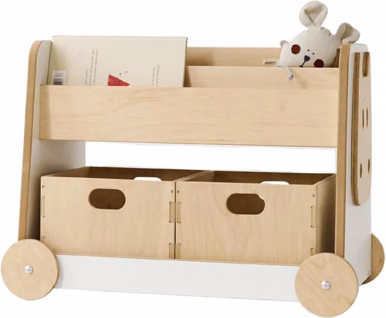 Verrijdbare houten boekenkast voor de kinderkamer met een hoogte van 60 cm