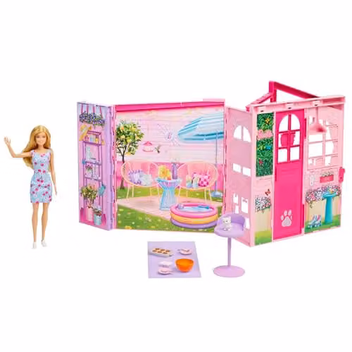Barbie Weekend Escape poppenhuis speelset met pop, 10 accessoires en een katje