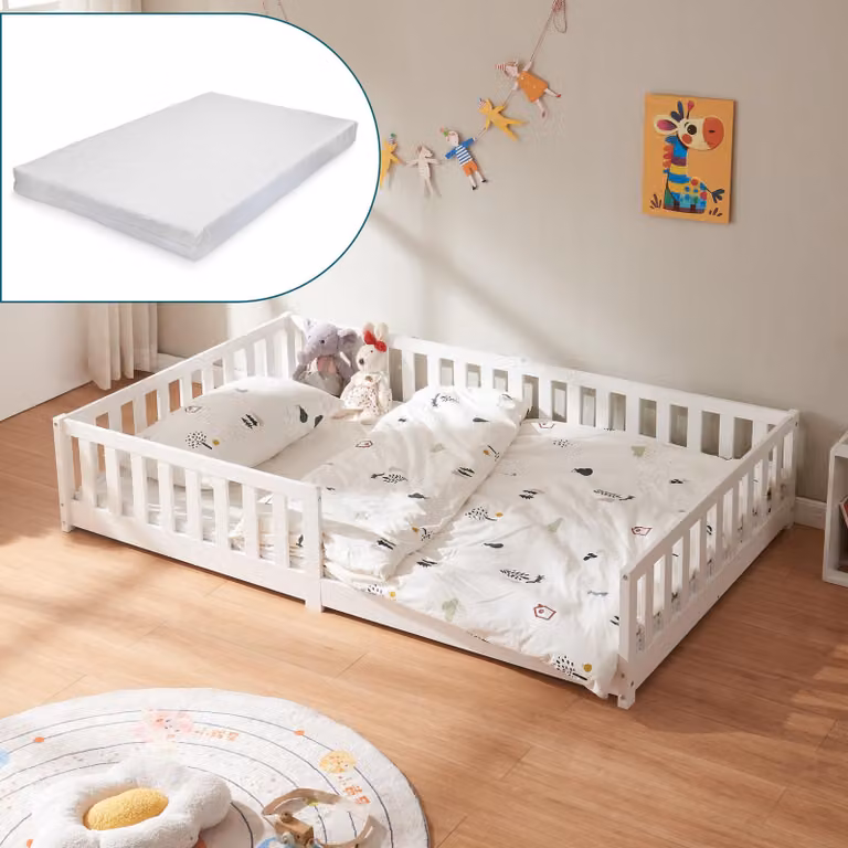 en.casa Kinderbed Tanna Montessori bed met valbeveiliging en matras, grenenhout, wit, B/D/H: 120 x 200 cm