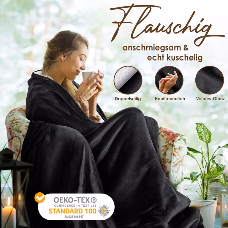 KESSER Fleece deken Flannel Plaid Sherpa Knuffeldeken voor op de bank - Zwart, XXL, 220 x 240 cm