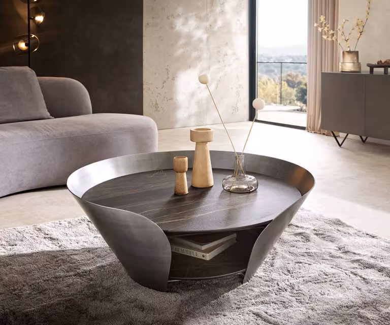 DELIFE Salontafel Skafi met Keramisch Laminam Noir Desir Blad, Bruin en Zilver, B/D: 100 x 40 cm