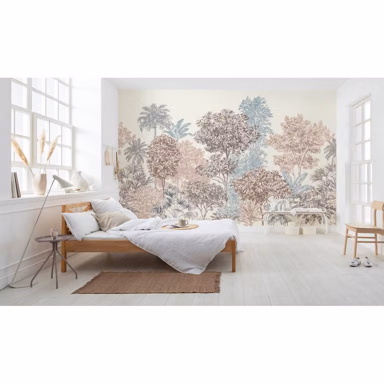 home24 Vlies-fotobehang Painted Trees, Beige/Multicolour, Breedte: 400 cm, Hoogte: 280 cm