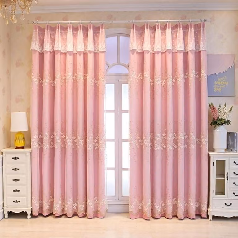 Verduisterende kamerdecoratie gordijnen met dubbellaags kant voor privacy in de slaapkamer, Roze, 96 x 138 cm