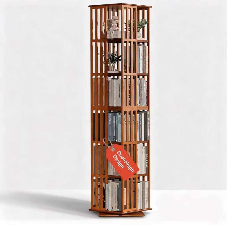 6-laags draaiende bamboe boekenkast, 360 graden draaibare ruimtebesparende boekenrek toren, Hoogte: 190 cm
