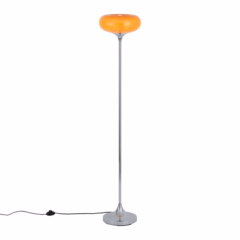 Qazqa Retro vloerlamp chroom met oranje glazen kap, Hoogte: 150 cm