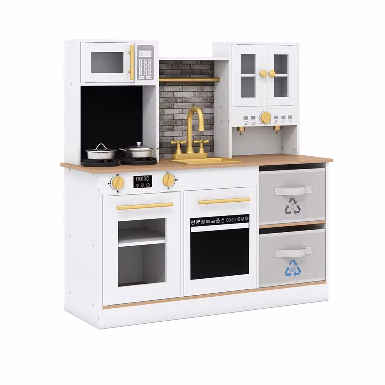 Costway Kinderkeuken Speelset Houten Speelkeuken met Geluid en Licht, Koffiemachine, Kraan en Kookgerei in Natuurkleur