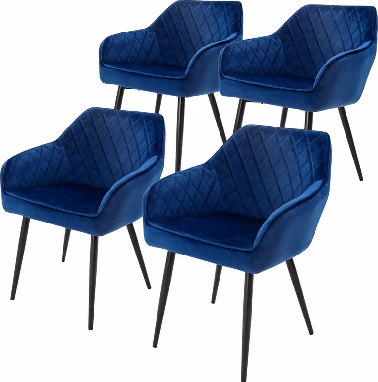 ML-Design Set van 4 Eetkamerstoelen met Armleuningen, Donkerblauw Fluweel, Zwarte Metalen Poten