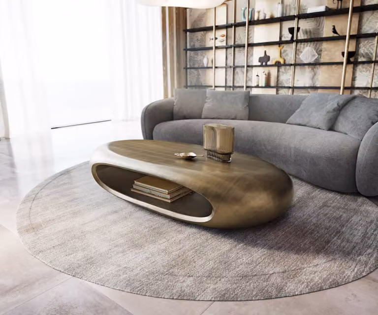 DELIFE Moderne Ovale Salontafel Goud met Glazen Blad B: 136,0 cm, D: 64,5 cm, H: 35,0 cm