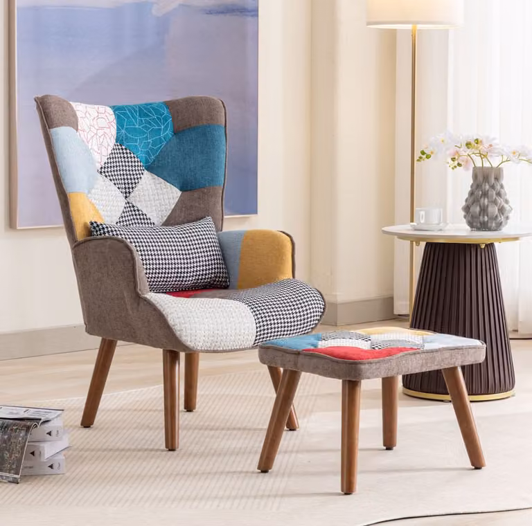 Wishdor Fauteuil met hocker en hoge rugleuning - Retro patchwork - Multicolor