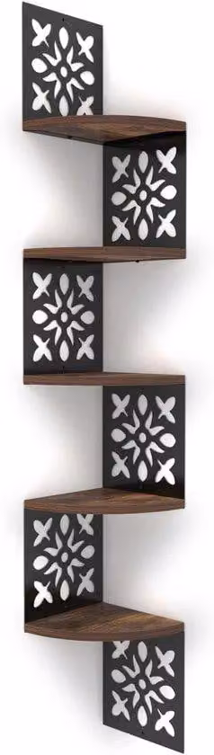 Houten hoekrek met vijf planken en bloemenmotief in bruin - Zwevend wandrek voor woonkamer, slaapkamer of kantoor