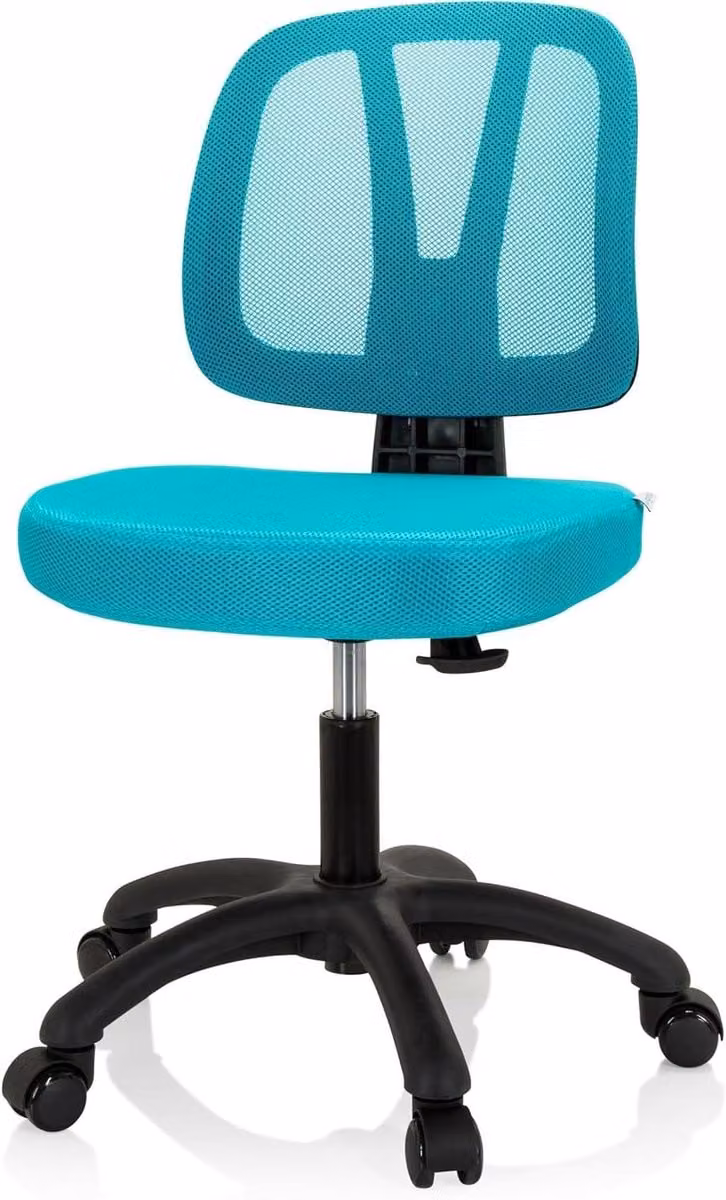 Turquoise Kinderbureau Stoel met Ademende Mesh Rugleuning en Zwenkwielen, Hoogte verstelbaar tussen 84-96 cm