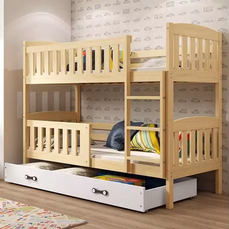 BMS Bunkbed voor kinderen met lades, massief hout, Wit/Grenen, B/D/H: 90 x 190 cm
