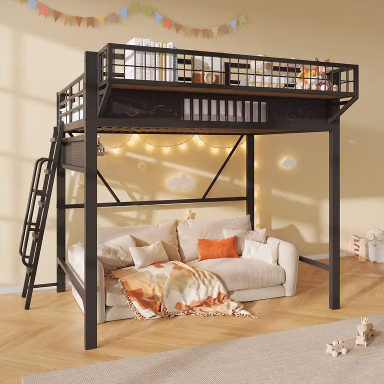 REDOM Hoogslaper met opbergruimte voor de kinderkamer, Metaal, Zwart, B/D/H: 235 x 169 x 188 cm, Matrasmaat: 140 x 200 cm