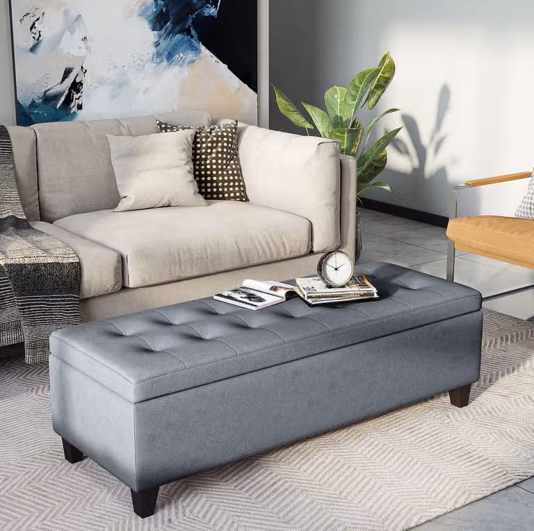 REDOM Bank met opbergruimte en zachte zitting, Grijs, B/D/H: 125 x 49 x 41,5 cm