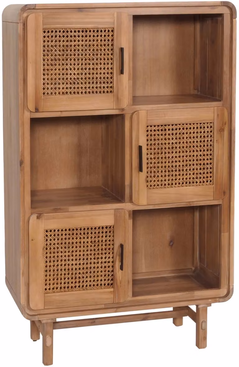 Highboard MCW-M47 dressoir met ladekast en opbergvakken, rotan en acacia massief hout, B/D/H: 141 x 35 x 90 cm