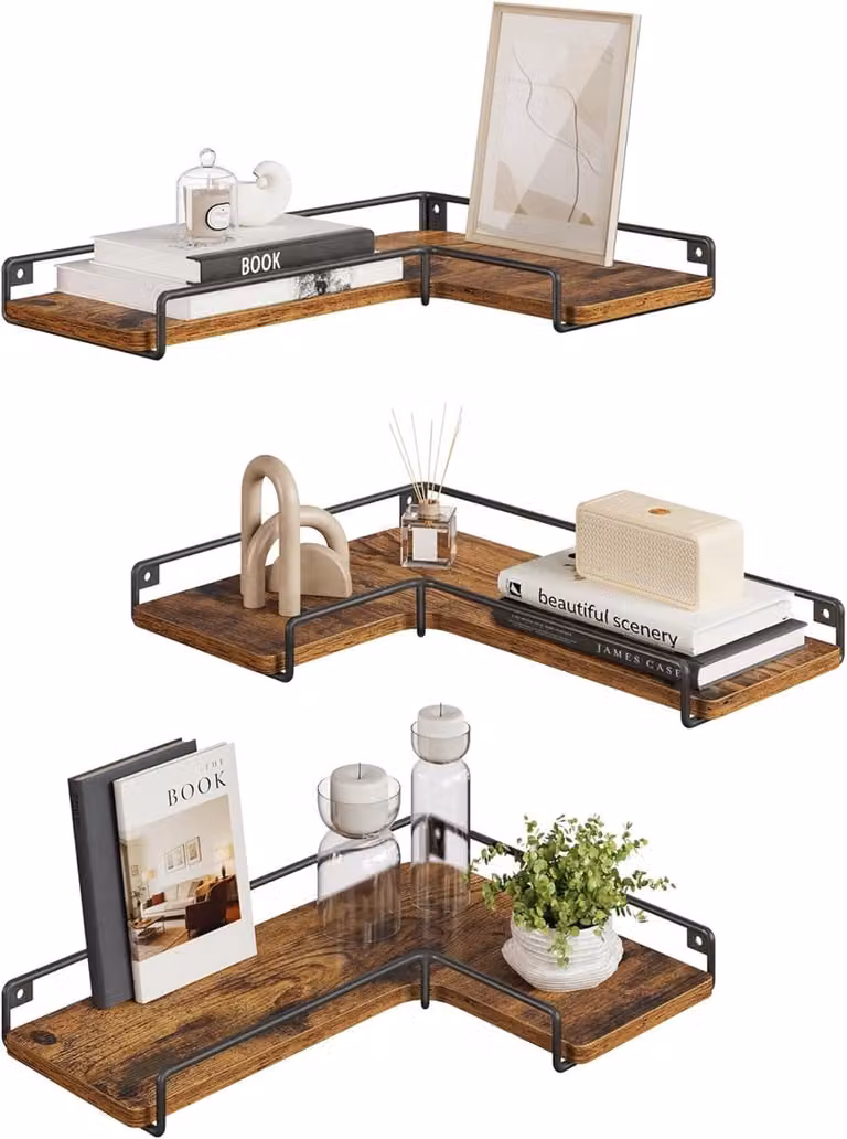 Set van 3 Drijvende Hoekplanken in Rustiek Bruin Zwart voor de Woonkamer, Slaapkamer of Keuken