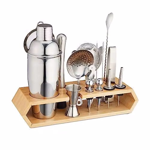 Relaxdays Cocktailset met houder, 16-delig, RVS en bamboe, Zilver/Bruin