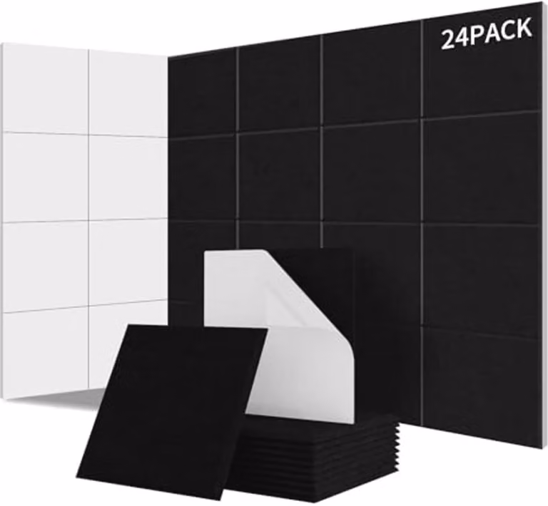 Pak van 24 zelfklevende akoestische panelen voor geluidsisolatie van wanden en deuren, NRC 0,95, 100% polyester, zwart