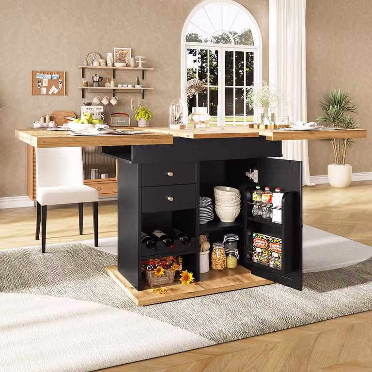 Re-purelife Uitschuifbare Eettafel Zwart met Snackrek en Wijnrek, B/D/H: 140 x 80 x 75 cm