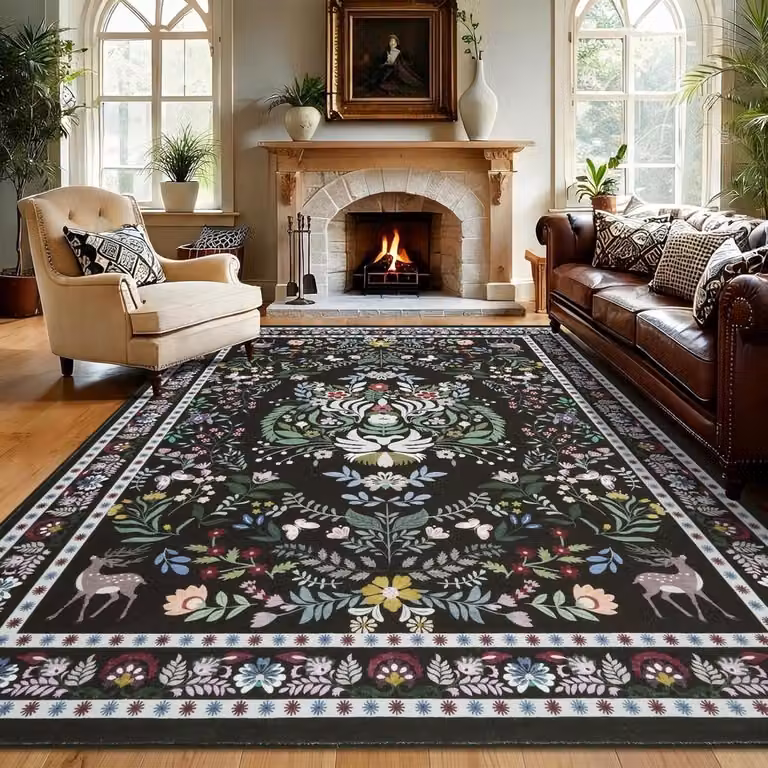 Vintage Boho Tapijt Zwart met Bloemig Motief, Wasbaar en Antislip, 160 x 230 cm
