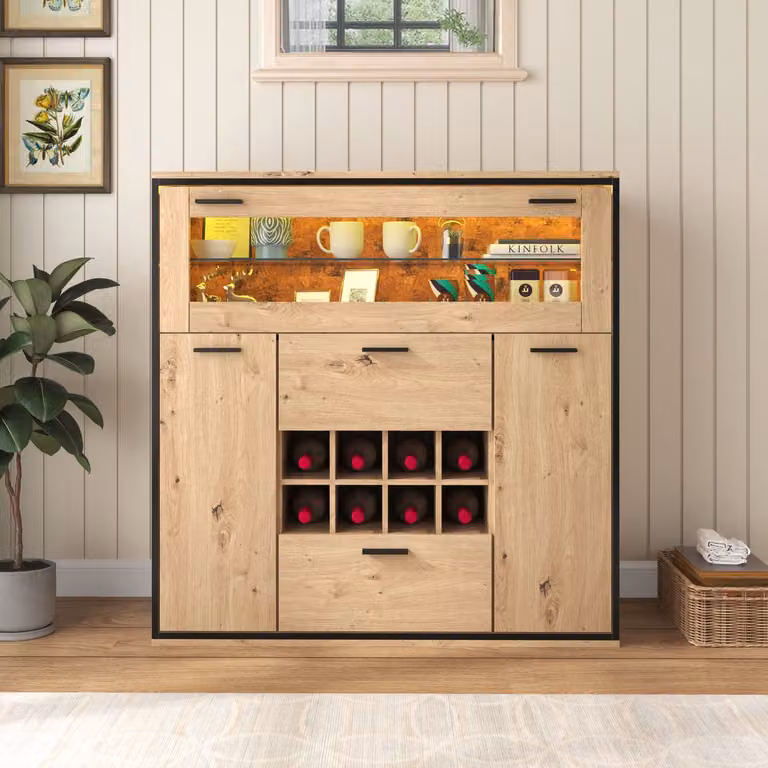 OKWISH Dressoir Wijnkast met Wijnrekken en Ledverlichting in Natural Spaanplaat, B: 110 cm, D: 38 cm, H: 111 cm
