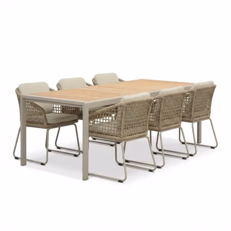 LUX outdoor living Annecy dining tuinset voor 6 personen in beige/Tulum Sandstone van teakhout en touw, Breedte: 227 cm