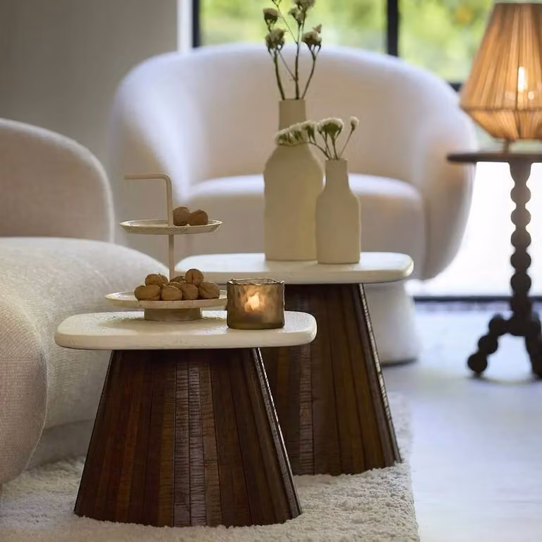 Light en Living Bijzettafel OKATO Crème en Bruin Hout B/D/H: 45 x 45 x 35 cm
