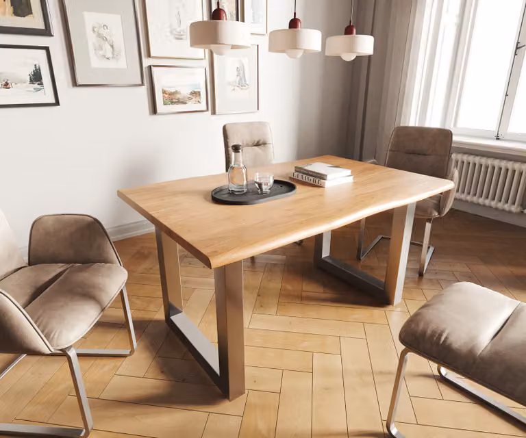 DELIFE Eettafel Edge van acacia hout met live-edge design, Bruin/Zilver, B: 140 cm, D: 90 cm, H: 74,5 cm