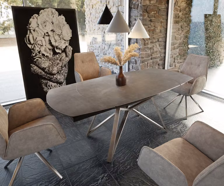 DELIFE Eettafel Carlow, modern rechthoekig, keramisch bruin en zilver, uitschuifbaar en in hoogte verstelbaar, B/D/H: 130 x 95 x 70-76 cm (uitgeschoven 200 cm)