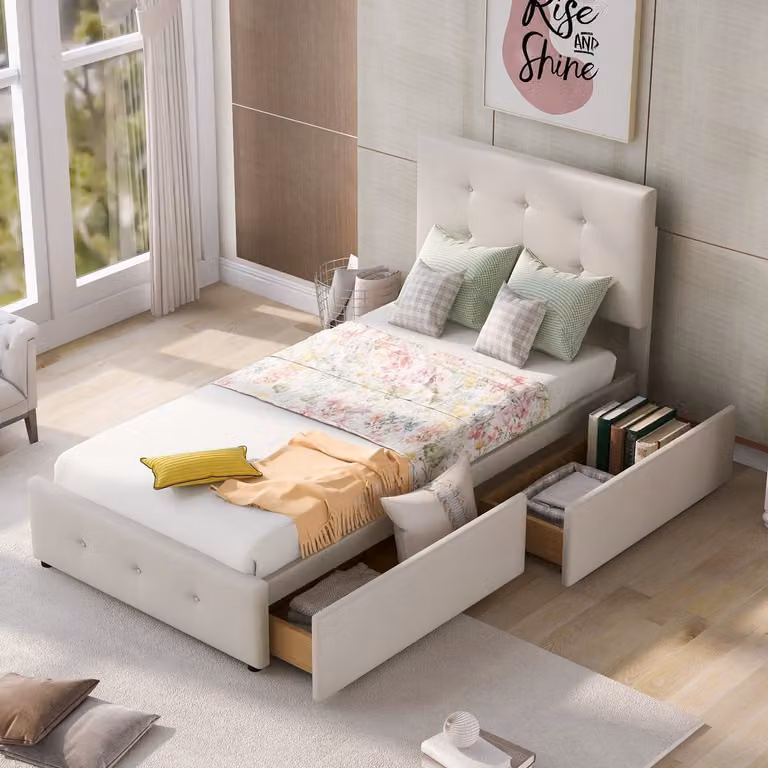 HAUSS SPOLE Gestoffeerd Bed met Lattenbodem en Opberglade op Wieltjes, Beige Fluweel, B/D/H: 90 x 200 cm