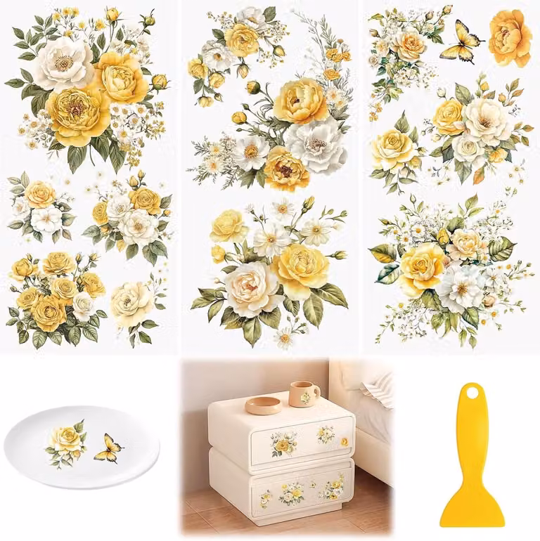 Decoratieve Rub on Transfers voor Meubels en Creatieve Projecten, 3 Stuks Gele Rozen Stickers - Waterdichte Decoratie voor Boekenkasten, Kasten en Deuren