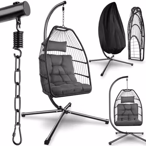 tectake Luxe opvouwbare hangstoel met frame en kussens, draaibare egg chair voor tuin, terras of woonkamer, donkergrijs