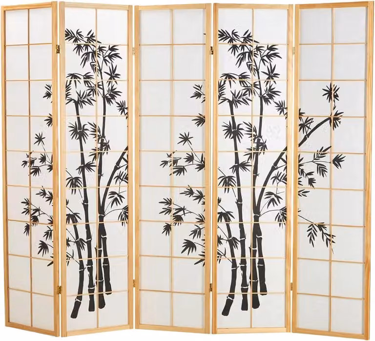 313 Houten Roomdivider met 5 Panelen - Licht Houten Shoji Scherm van Bamboe en Papier