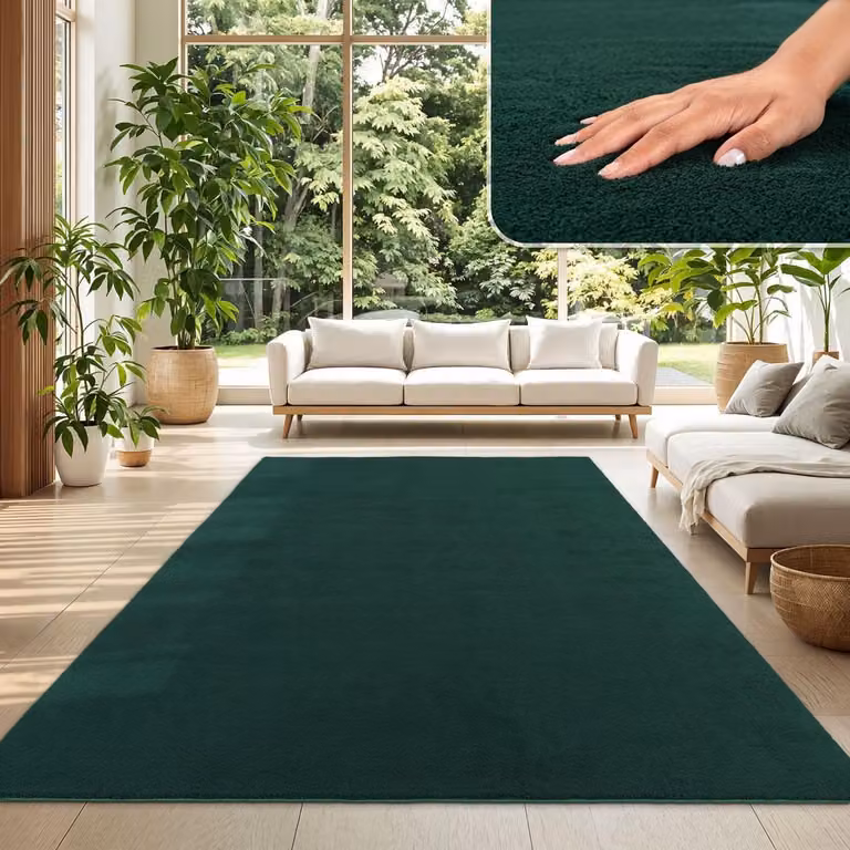 Modern kortpolig vloerkleed voor de woonkamer in donkergroen petrol, 120 x 170 cm